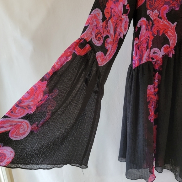 Free People Printed Symphony Smock Dress Sz S/P Black Red Floral Sheer Bohemian - Picture 8 of 12